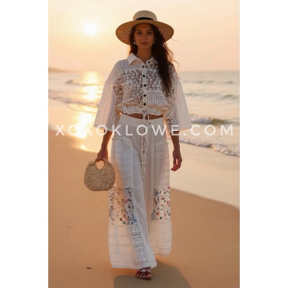 POL White Floral Lace Patchwork Boho Wide Leg Pants | Elastic Waist Pull On - Picture 3 of 10
